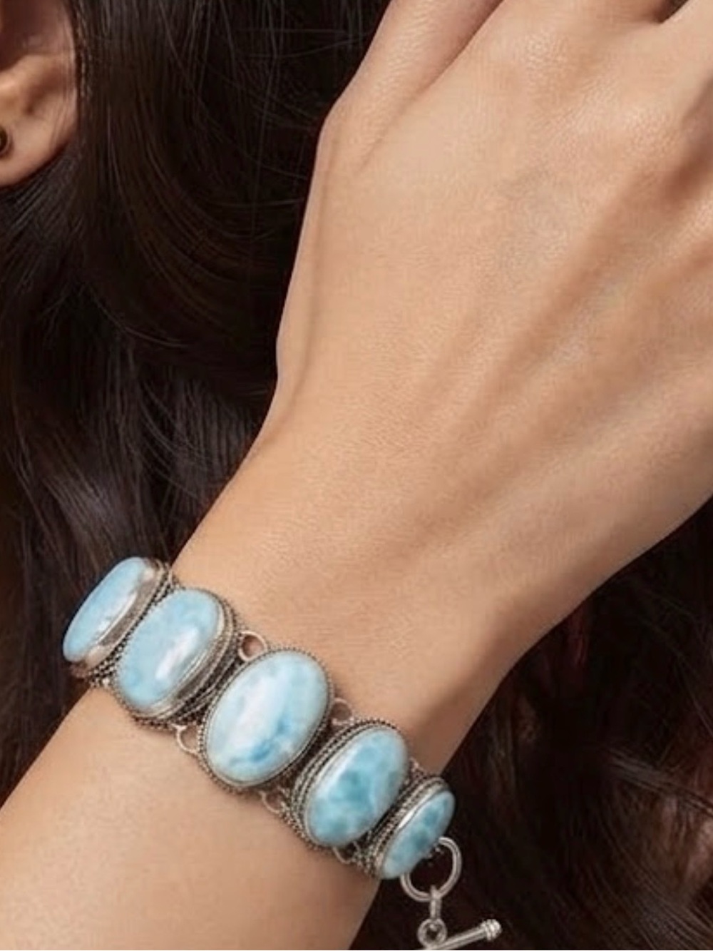 Vintage Sterling Silver 925 Larimar Oval Link Bracelet in Light Blue